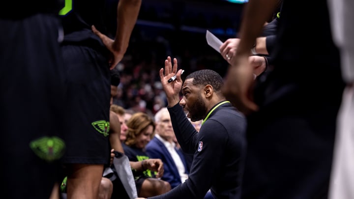 New Orleans Pelicans head coach Willie Green gives direction to his players on a time out against the Oklahoma City Thunder during game four of the first round for the 2024 NBA playoffs at Smoothie King Center.