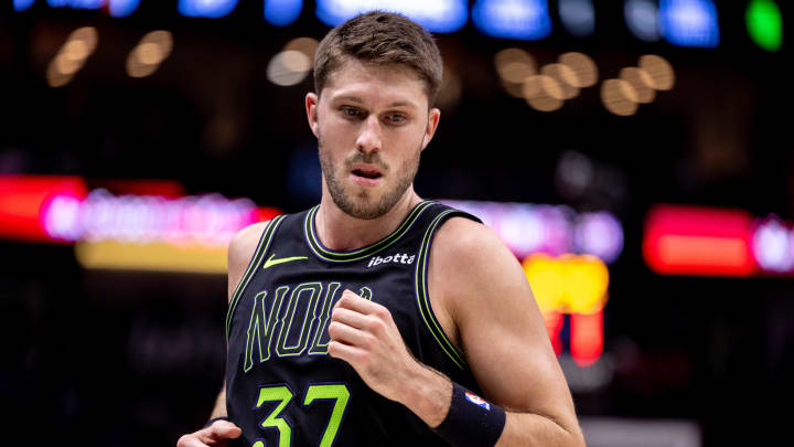 Apr 5, 2024; New Orleans, Louisiana, USA;  New Orleans Pelicans forward Matt Ryan (37) looks on against the San Antonio Spurs during the first half at Smoothie King Center. 