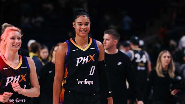 Jul 27, 2025; Washington, District of Columbia, USA; Phoenix Mercury forward Satou Sabally (0) reacts after the game against the Washington Mystics at CareFirst Arena. Mandatory Credit: Emily Faith Morgan-Imagn Images