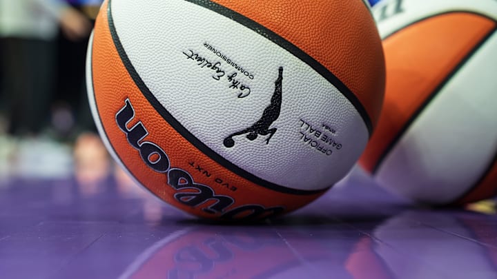 Aug 30, 2025; Phoenix, Arizona, USA; A detailed view of the official WNBA basketballs on the floor before the start of the game between the New York Liberty and Phoenix Mercury at Footprint Center. Mandatory Credit: Allan Henry-Imagn Images