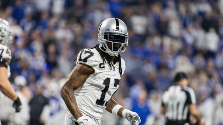 Dec 31, 2023; Indianapolis, Indiana, USA; Las Vegas Raiders wide receiver Davante Adams (17) celebrates his touchdown  in the second half  against the Indianapolis Colts at Lucas Oil Stadium. Mandatory Credit: Trevor Ruszkowski-USA TODAY Sports