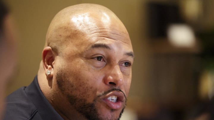 Mar 25, 2024; Orlando, FL, USA;  Las Vegas Raiders head coach Antonio Pierce talks to media during the NFL annual league meetings at the JW Marriott. Mandatory Credit: Nathan Ray Seebeck-USA TODAY Sports