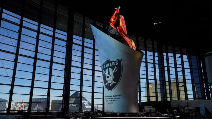 Nov 14, 2021; Paradise, Nevada, USA; A detailed view of the Al Davis memorial torch at Allegiant Stadium. Mandatory Credit: Kirby Lee-USA TODAY Sports