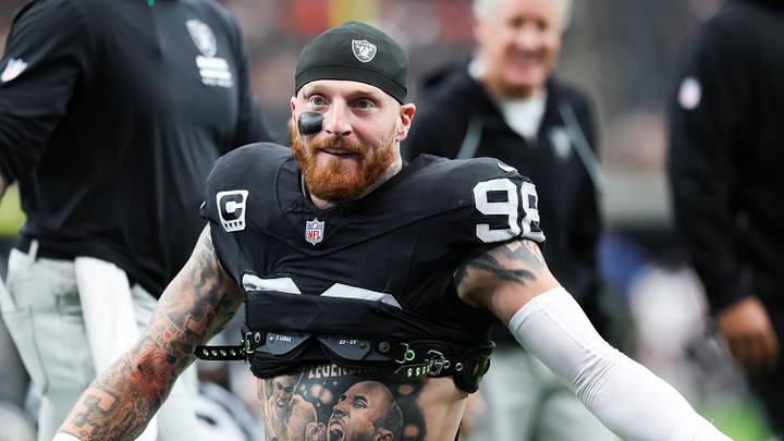 Sep 28, 2025; Paradise, Nevada, USA; Las Vegas Raiders defensive end Maxx Crosby (98) warms up prior to the game against the Chicago Bears at Allegiant Stadium. Mandatory Credit: Kiyoshi Mio-Imagn Images