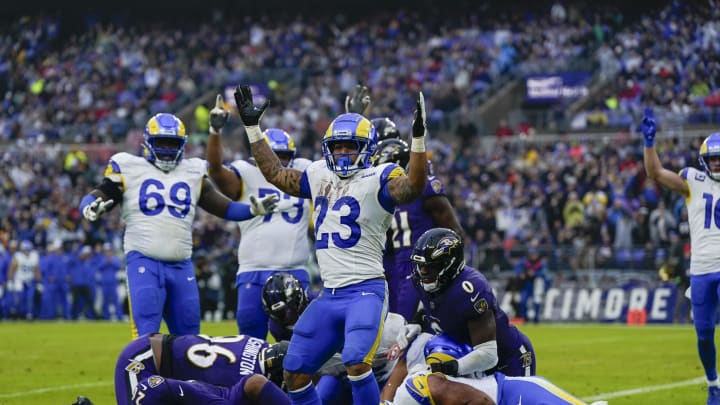 Dec 10, 2023; Baltimore, Maryland, USA;  Los Angeles Rams running back Kyren Williams (23) gestures after tight end Davis Allen (87) runs for a touchdown against the Baltimore Ravens during the second quarter at M&T Bank Stadium. Mandatory Credit: Jessica Rapfogel-USA TODAY Sports