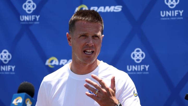 Jul 31, 2024; Los Angeles, CA, USA;  Los Angeles Rams offensive coordinator Mike LaFleur speaks to the media after training camp at Loyola Marymount University. Mandatory Credit: Kiyoshi Mio-USA TODAY Sports