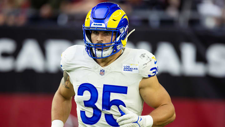 Nov 26, 2023; Glendale, Arizona, USA; Los Angeles Rams linebacker Jake Hummel (35) against the Arizona Cardinals at State Farm Stadium. Mandatory Credit: Mark J. Rebilas-Imagn Images