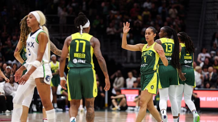 Aug 5, 2025; Seattle, Washington, USA; Seattle Storm guard Skylar Diggins (4) reacts after making a three point shot during the second half against the Minnesota Lynx at Climate Pledge Arena. Mandatory Credit: Kevin Ng-Imagn Images