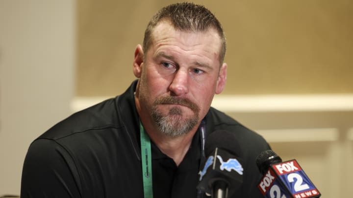 Mar 26, 2024; Orlando, FL, USA;   Detroit Lions head coach Dan Campbell speaks to the media during the NFL's annual league meeting.