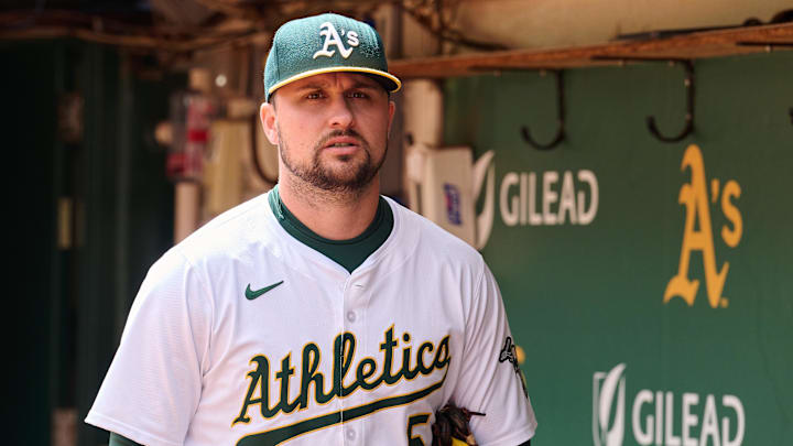 Apr 14, 2024; Oakland, California, USA; Oakland Athletics third baseman J.D. Davis (5) walks in the