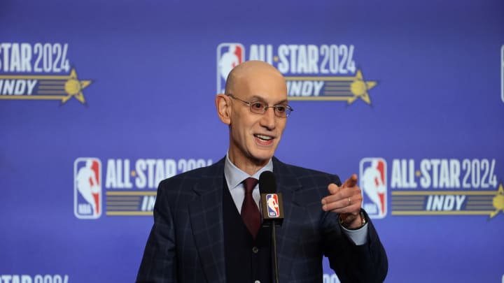 Feb 17, 2024; Indianapolis, IN, USA; NBA Commissioner Adam Silver talks to media during a press conference before NBA All Star Saturday Night at Lucas Oil Stadium.
