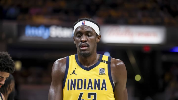 May 27, 2024; Indianapolis, Indiana, USA; Indiana Pacers forward Pascal Siakam (43) during the second quarter during game four of the eastern conference finals for the 2024 NBA playoffs at Gainbridge Fieldhouse. Mandatory Credit: Trevor Ruszkowski-USA TODAY Sports