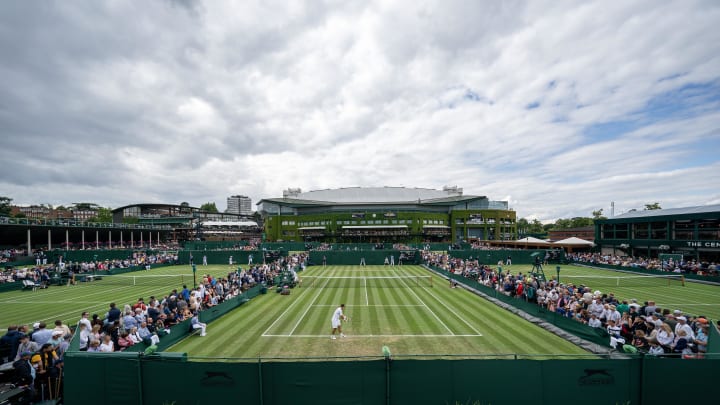 Jul 5, 2023; London, United Kingdom; General view of the outer courts on day three of Wimbledon at the All England Lawn Tennis and Croquet Club. 