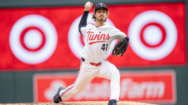 Jul 21, 2024; Minneapolis, Minnesota, USA; Minnesota Twins pitcher Joe Ryan (41) pitches in the firth inning against the Milwaukee Brewers at Target Field. Mandatory Credit: Matt Blewett-USA TODAY Sports