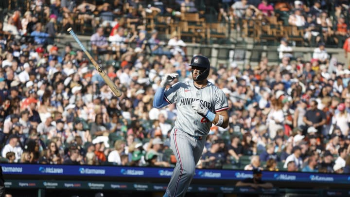 Jul 27, 2024; Detroit, Michigan, USA; Minnesota Twins designated hitter Royce Lewis (23) celebrates after hitting a home run in the first inning against the Detroit Tigers at Comerica Park. Mandatory Credit: Brian Bradshaw Sevald-USA TODAY Sports