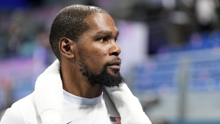 Jul 28, 2024; Villeneuve-d'Ascq, France; United States forward Kevin Durant (7) after a game against Serbia during the Paris 2024 Olympic Summer Games at Stade Pierre-Mauroy.