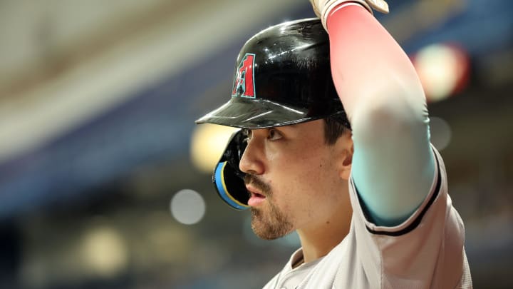 Aug 18, 2024; St. Petersburg, Florida, USA; Arizona Diamondbacks outfielder Corbin Carroll (7) on deck to bat against the Tampa Bay Rays during the ninth inning at Tropicana Field. Mandatory Credit: Kim Klement Neitzel-USA TODAY Sports