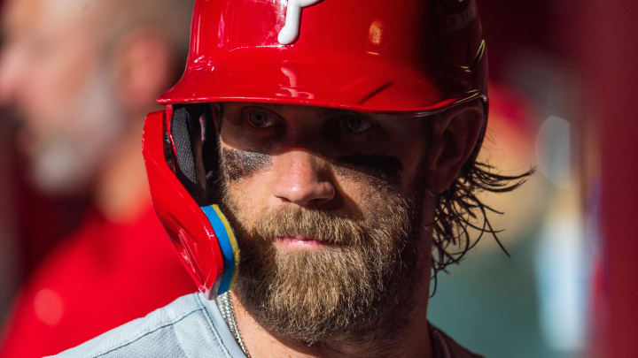 Aug 10, 2024; Phoenix, Arizona, USA;  Philadelphia Phillies infielder Bryce Harper (3) readies himself for a game against the Arizona Diamondbacks at Chase Field. Mandatory Credit: Allan Henry-USA TODAY Sports