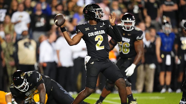 Aug 29, 2024; Boulder, Colorado, USA; Colorado Buffaloes quarterback Shedeur Sanders (2) prepares to pass the ball in the second half against the North Dakota State Bison at Folsom Field. Mandatory Credit: Ron Chenoy-Imagn Images