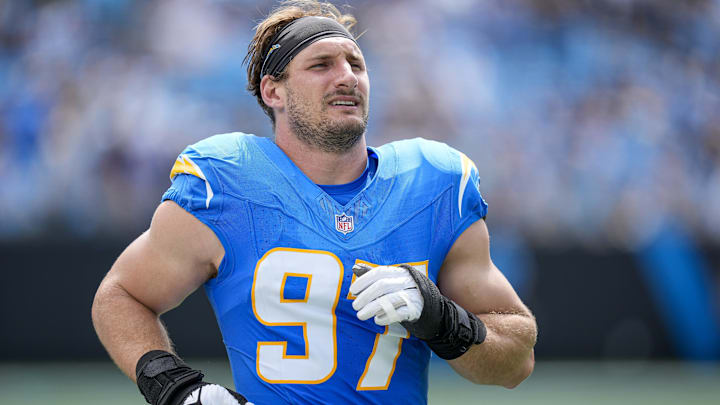 Sep 15, 2024; Charlotte, North Carolina, USA; Los Angeles Chargers linebacker Joey Bosa (97) during the first quarter against the Carolina Panthers at Bank of America Stadium. Mandatory Credit: Jim Dedmon-Imagn Images Sep 15, 2024; Charlotte, North Carolina, USA; Los Angeles Chargers linebacker Joey Bosa (97) during the first quarter against the Carolina Panthers at Bank of America Stadium. Mandatory Credit: Jim Dedmon-Imagn Images