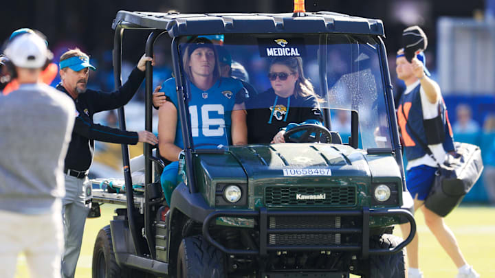 Jacksonville Jaguars quarterback Trevor Lawrence is carted off the field after sustaining a heavy hit during the second quarter.