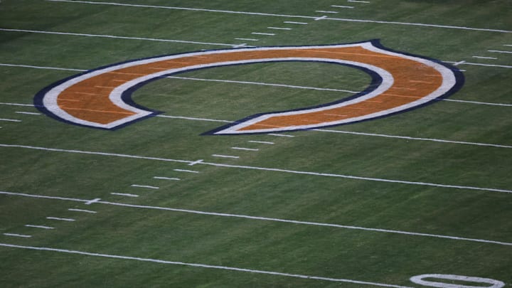 The Chicago Bears logo at Soldier Field. The Chicago Bears logo at Soldier Field.