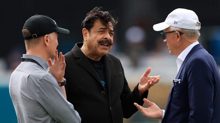 Jets co-owner Christopher Johnson, Jacksonville Jaguars owner Shad Khan and Jets co-owner Woody Johnson Jets co-owner Christopher Johnson, Jacksonville Jaguars owner Shad Khan and Jets co-owner Woody Johnson