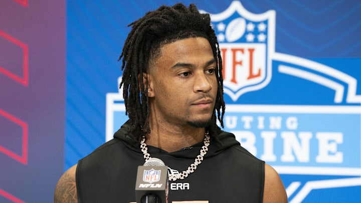 Texas wideout Isaiah Bond answers questions at a press conference during the 2025 NFL Combine.