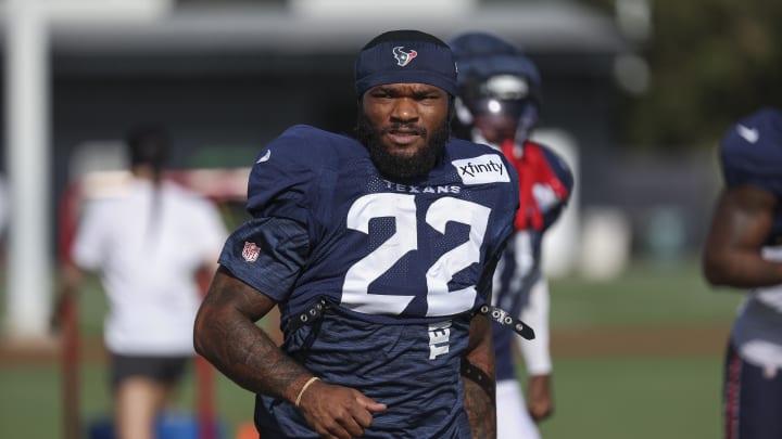 Jul 29, 2024; Houston, TX, USA; Houston Texans running back Cam Akers (22) during training camp at Houston Methodist Training Center. Mandatory Credit: Troy Taormina-USA TODAY Sports