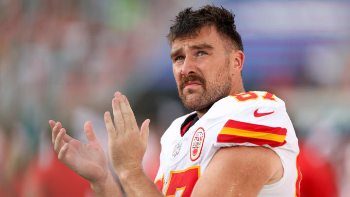 Kansas City Chiefs tight end Travis Kelce looks on before a preseason game against the Jacksonville Jaguars at EverBank Stadium.