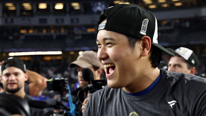 Los Angeles Dodgers designated hitter Shohei Ohtani (17) celebrates after winning the 2024 MLB World Series against the New York Yankees. Los Angeles Dodgers designated hitter Shohei Ohtani (17) celebrates after winning the 2024 MLB World Series against the New York Yankees.