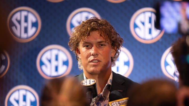 Jul 15, 2024; Dallas, TX, USA; Ole Miss quarterback Jaxon Dart speaking at Omni Dallas Hotel. Mandatory Credit: Brett Patzke-USA TODAY Sports