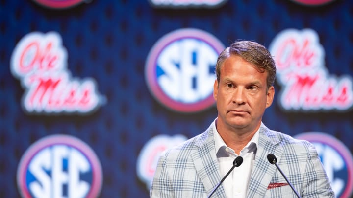 Jul 15, 2024; Dallas, TX, USA; Ole Miss head coach Lane Kiffin speaking at Omni Dallas Hotel. Mandatory Credit: Brett Patzke-USA TODAY Sports