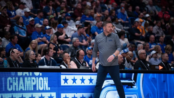 Mississippi Rebels head coach Chris Beard works the sideline against Texas A&M during their second round game of the SEC Men's Basketball Tournament at Bridgestone Arena in Nashville, Tenn., Thursday, March 14, 2024.