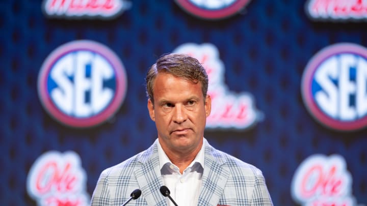 Jul 15, 2024; Dallas, TX, USA; Ole Miss head coach Lane Kiffin speaking at Omni Dallas Hotel. Mandatory Credit: Brett Patzke-USA TODAY Sports