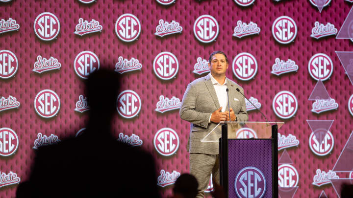 Jul 17, 2024; Dallas, TX, USA; Mississippi State head coach Jeff Lebby speaking at Omni Dallas Hotel. Mandatory Credit: Brett Patzke-USA TODAY Sports