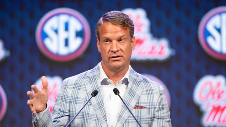 Jul 15, 2024; Dallas, TX, USA; Ole Miss head coach Lane Kiffin speaking at Omni Dallas Hotel. Mandatory Credit: Brett Patzke-USA TODAY Sports