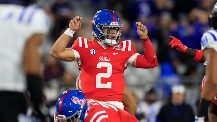 Mississippi Rebels quarterback Jaxson Dart (2) calls a play during the first quarter of the TaxSlayer Gator Bowl Thursday, Jan. 2, 2025 at EverBank Stadium in Jacksonville, Fla. [Corey Perrine/Florida Times-Union]
