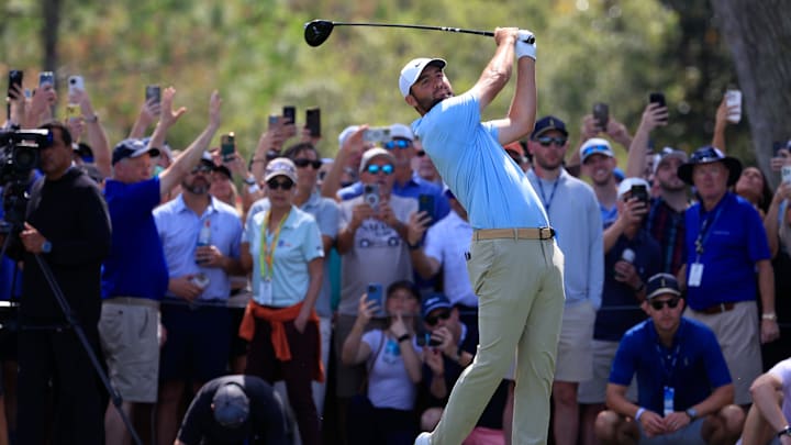 Scottie Scheffler tees off on the ninth hole during the second round of The Players Championship PGA golf tournment Friday, March 14, 2025 at TPC Sawgrass in Ponte Vedra Beach, Fla. [Corey Perrine/Florida Times-Union]