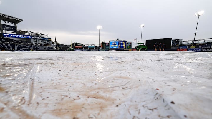 The tarp is seen on the field before a game between the Tampa Bay Rays and the Texas Rangers at George M. Steinbrenner Field on June 3.