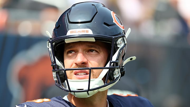 Sep 8, 2024; Chicago, Illinois, USA; Chicago Bears place kicker Cairo Santos (8) during the second quarter against the Tennessee Titans at Soldier Field.