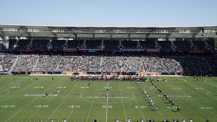 Feb 16, 2020; Carson, California, USA; General overall view of kickoff at the start of the second half of the XFL game between the LA Wildcats and the Dallas Renegades Dignity Health Sports Park. The Renegades defeated the Wildcats 25-18. Mandatory Credit: Kirby Lee-Imagn Images