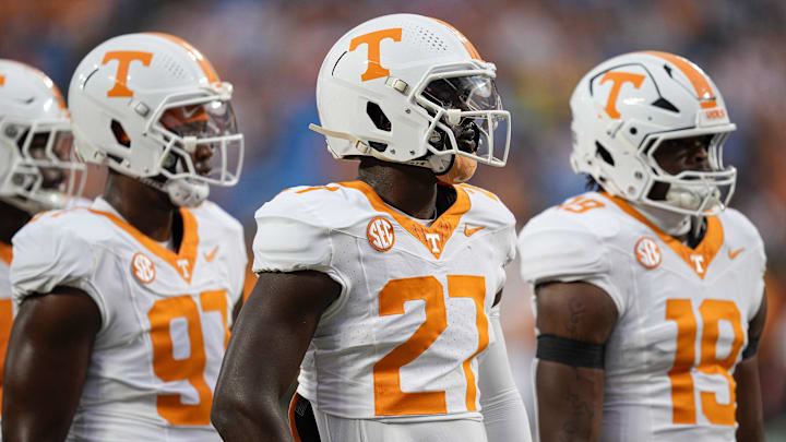 Sep 7, 2024; Charlotte, North Carolina, USA; Tennessee Volunteers defensive lineman James Pearce Jr. (27) during pregame activities against the North Carolina State Wolfpack at the Dukes Mayo Classic at Bank of America Stadium. Mandatory Credit: Jim Dedmon-Imagn Images