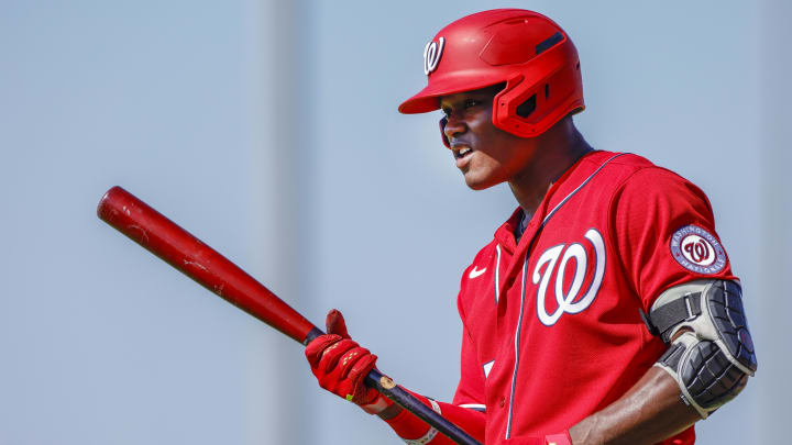 Feb 20, 2023; West Palm Beach, FL, USA; Washington Nationals outfielder Elijah Green (21) looks on during a spring training workout at The Ballpark of the Palm Beaches. 