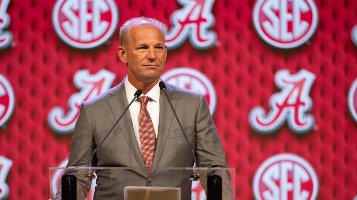 Jul 17, 2024; Dallas, TX, USA; Alabama head coach Kalen DeBoer speaks to reporters during a Q&A at SEC Media Days in Dallas, Texas ahead of the 2024 college football season.