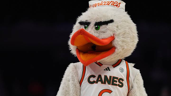 Mar 13, 2026; Charlotte, NC, USA; Miami Hurricanes mascot Sebastian during the first half against the Virginia Cavaliers at Spectrum Center. Mandatory Credit: Jim Dedmon-Imagn Images