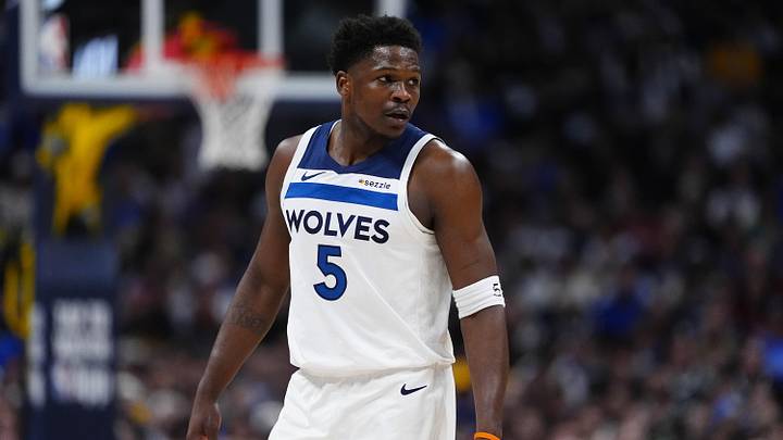 Apr 20, 2026; Denver, Colorado, USA; Minnesota Timberwolves guard Anthony Edwards (5) during the first quarter against the Denver Nuggets during game two of the first round of the 2026 NBA Playoffs at Ball Arena. Mandatory Credit: Ron Chenoy-Imagn Images