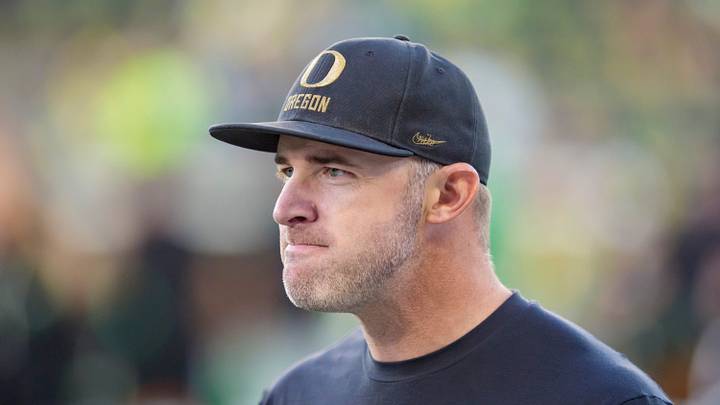 Oregon offensive coordinator Drew Mehringer walks the field before the game as the Oregon Ducks host the Portland State Vikings on Sept. 18, 2026, at Autzen Stadium in Eugene, Oregon.