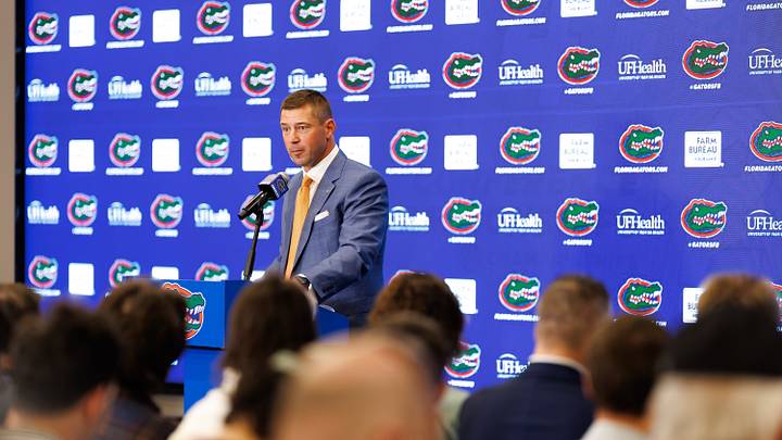 Dec 1, 2025; Gainesville, FL, USA; Florida Gators head coach Jon Sumrall talks during the press conference at the Heavener Football Training Center at the University of Florida. Mandatory Credit: Matt Pendleton-Imagn Images