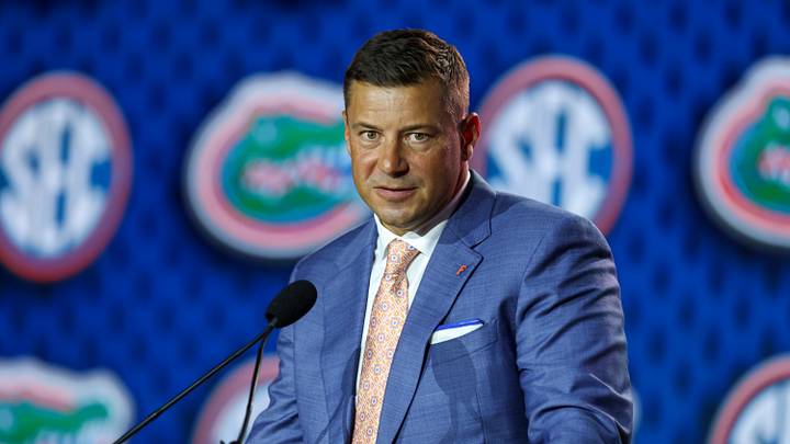 Jul 22, 2026; Tampa, FL, USA; Florida Gators head coach Jon Sumrall speaks to the press during SEC Football Kickoff Media Day at the Tampa Marriott. Mandatory Credit: Nathan Ray Seebeck-Imagn Images